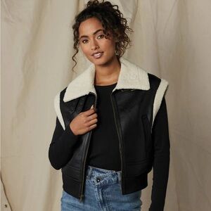 The Normal Brand NWT Adrian Vest Faux Leather & Fur Zip Up Black & Khaki Medium